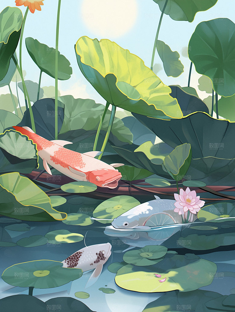 荷塘锦鲤夏日清新手绘插画