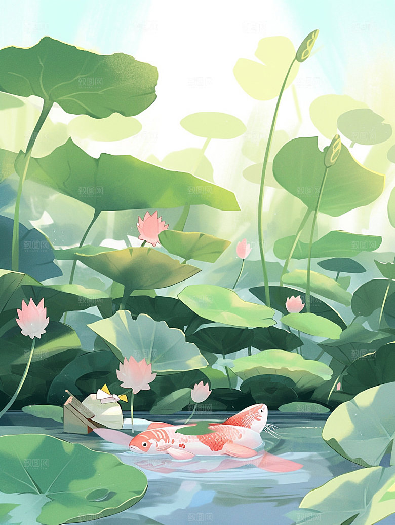 荷塘锦鲤夏日清新手绘插画