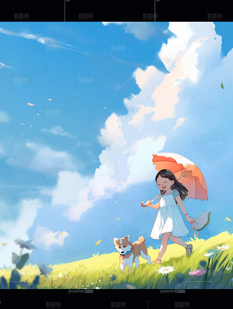 夏天起风了蓝天草地女孩手绘插画