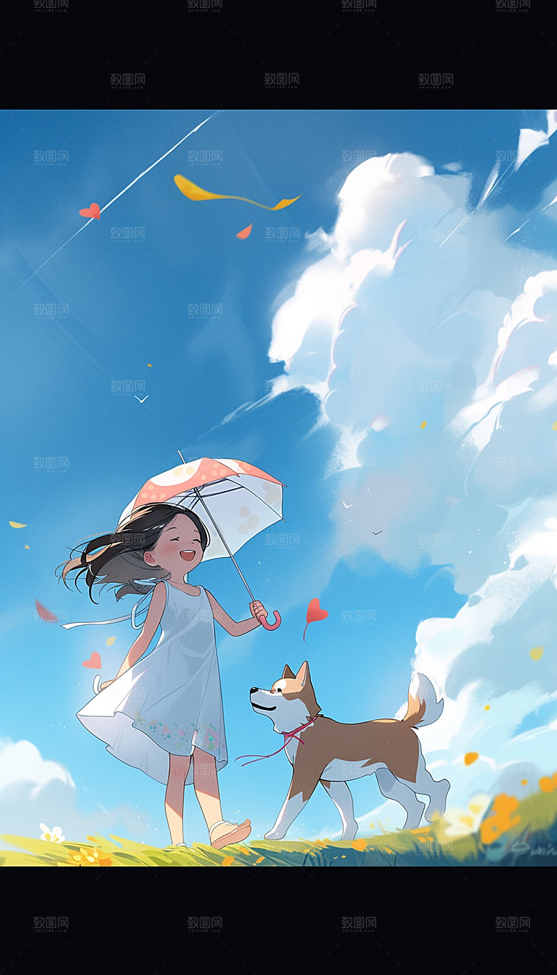 夏天起风了蓝天草地女孩手绘插画