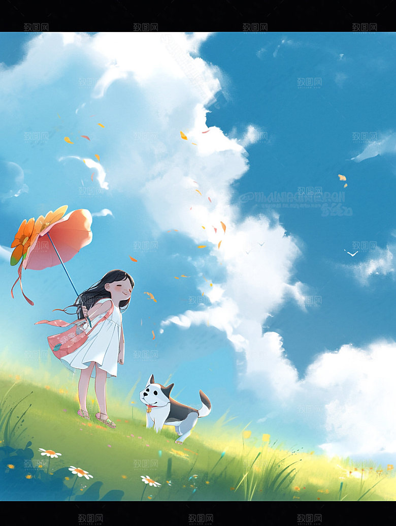 夏天起风了蓝天草地女孩手绘插画