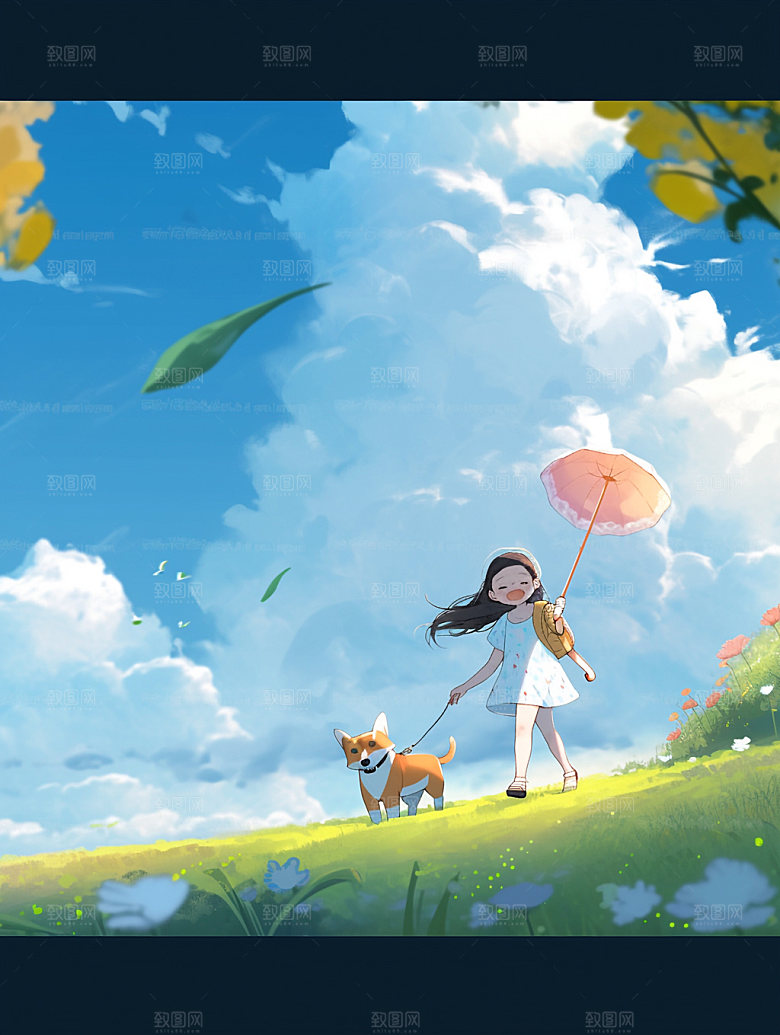 夏天起风了蓝天草地女孩手绘插画