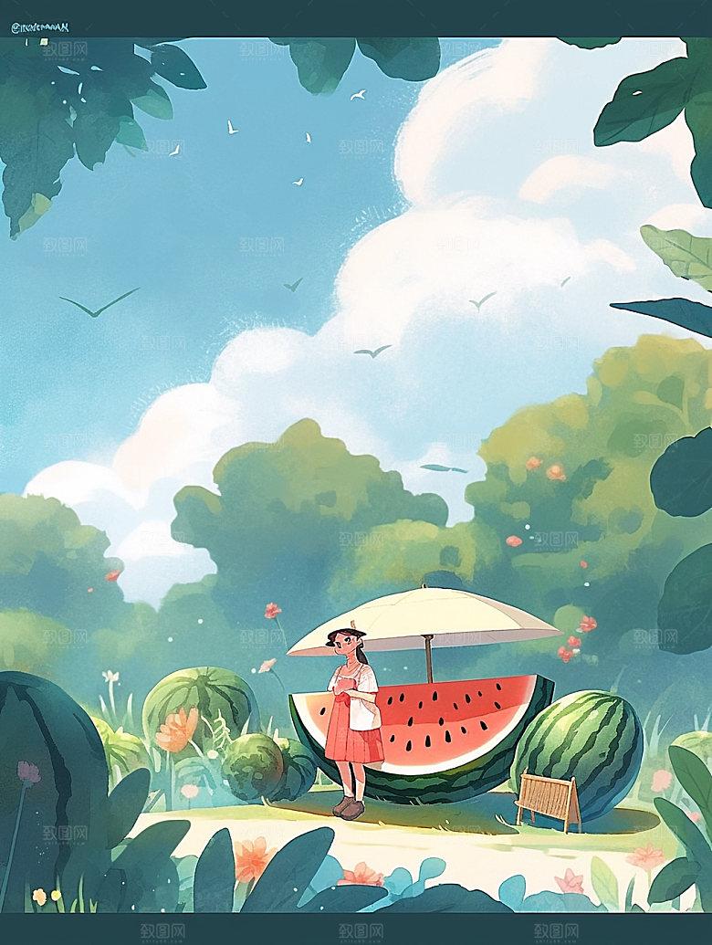 盛夏西瓜消暑手绘插画
