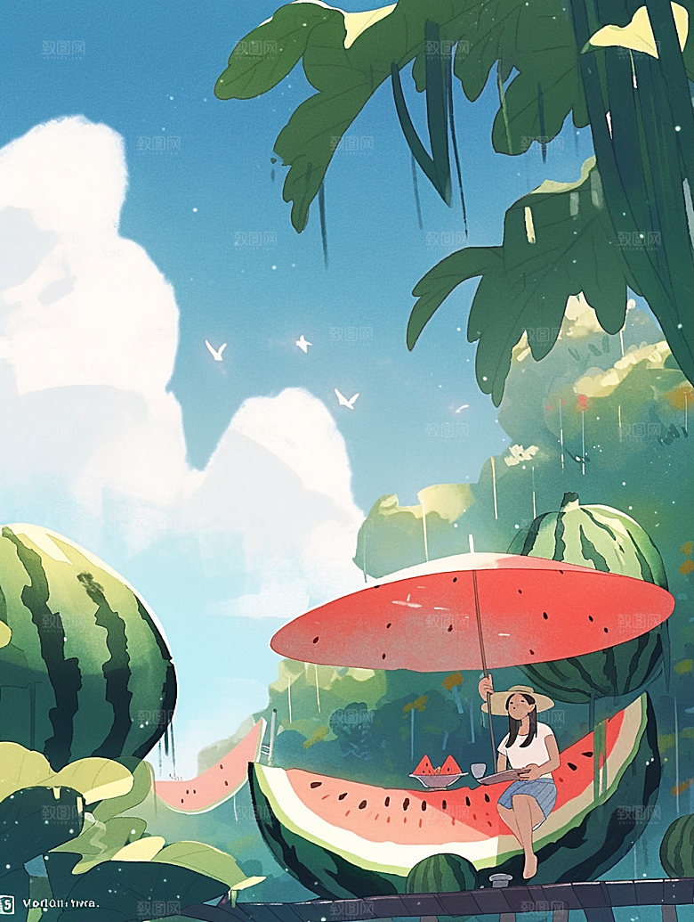 盛夏西瓜消暑手绘插画