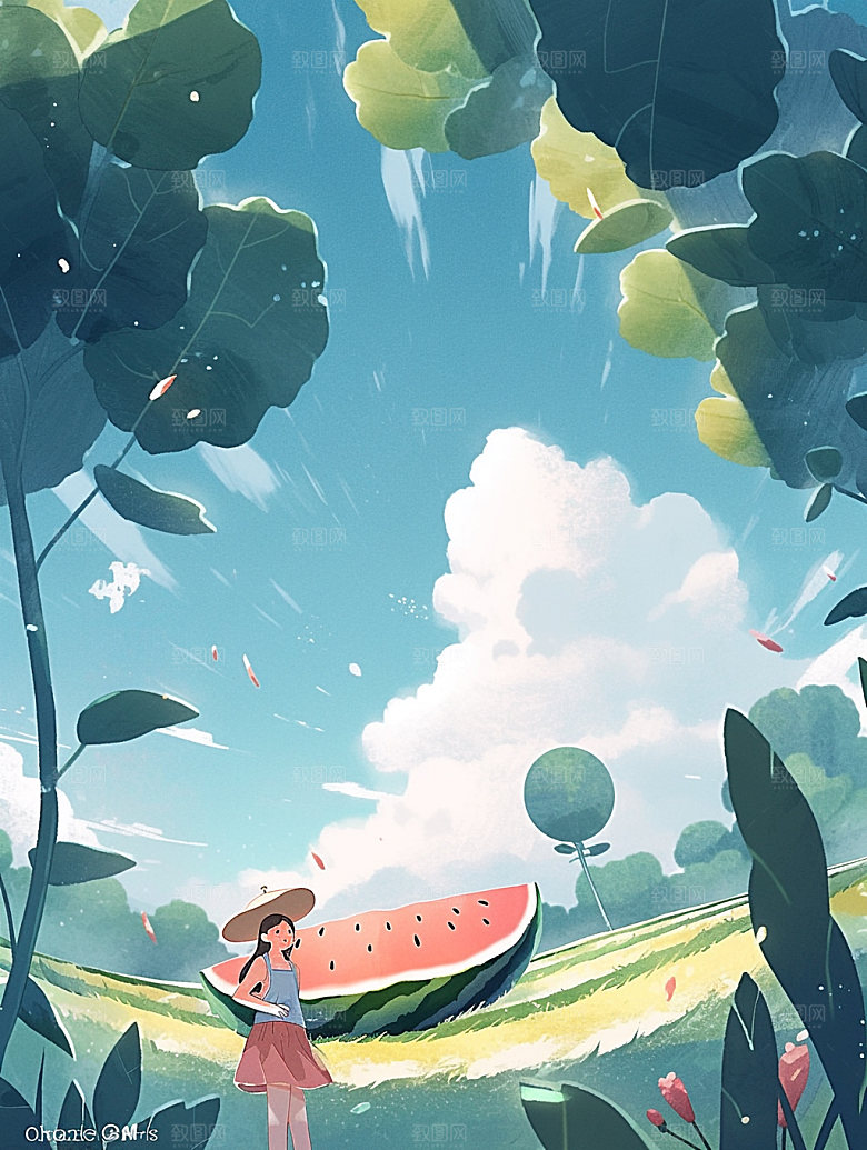 盛夏西瓜消暑手绘插画