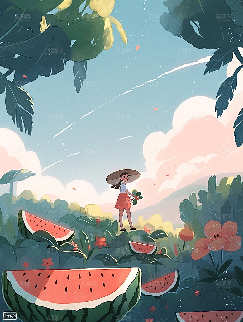 盛夏西瓜消暑手绘插画