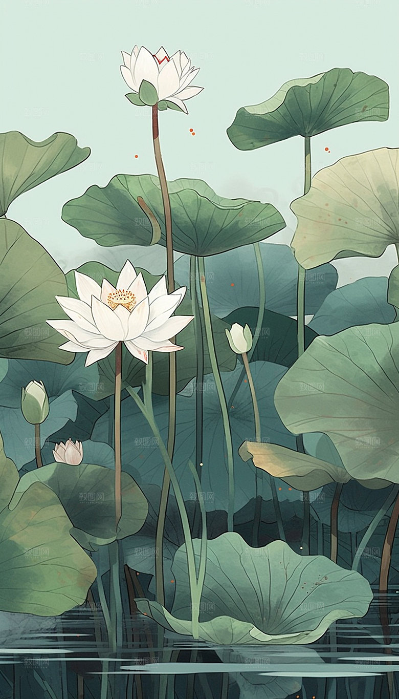夏日清新荷塘风光手绘插画