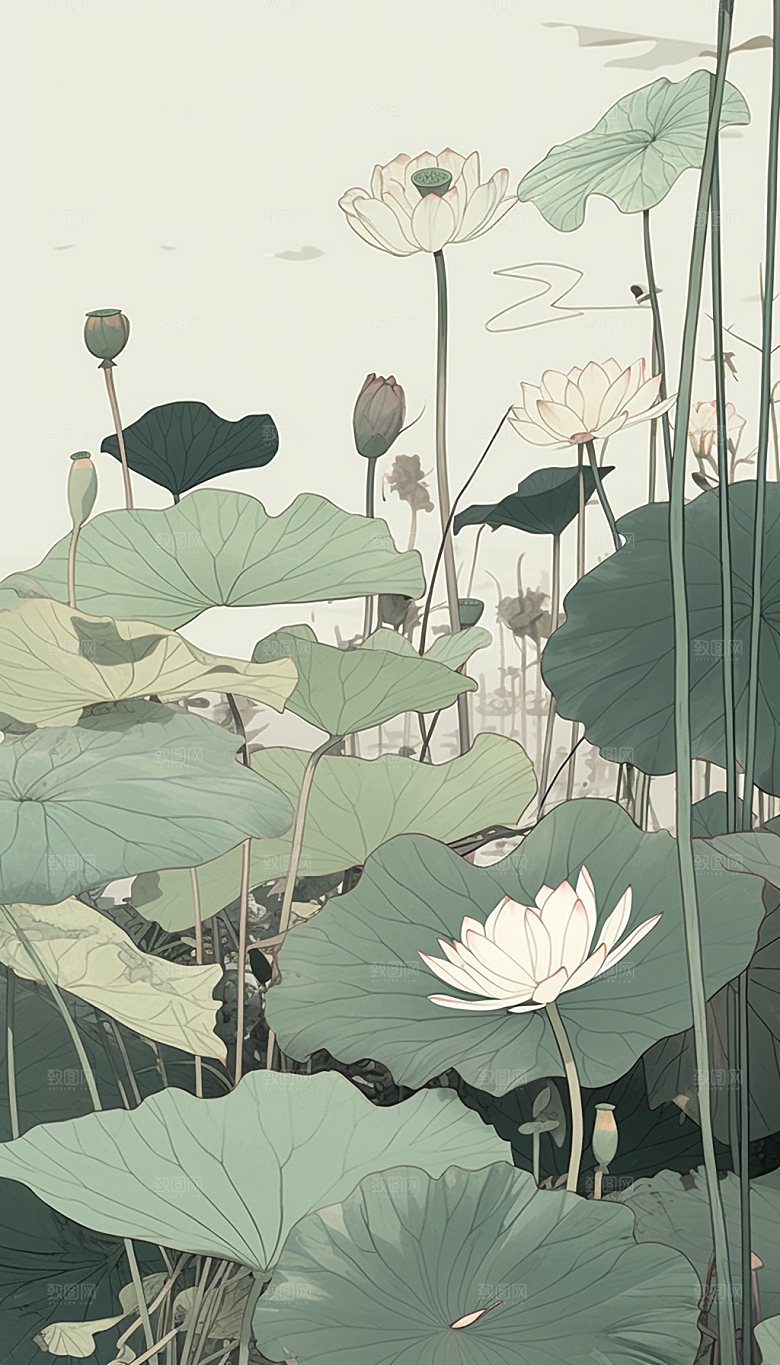 夏日清新荷塘风光手绘插画