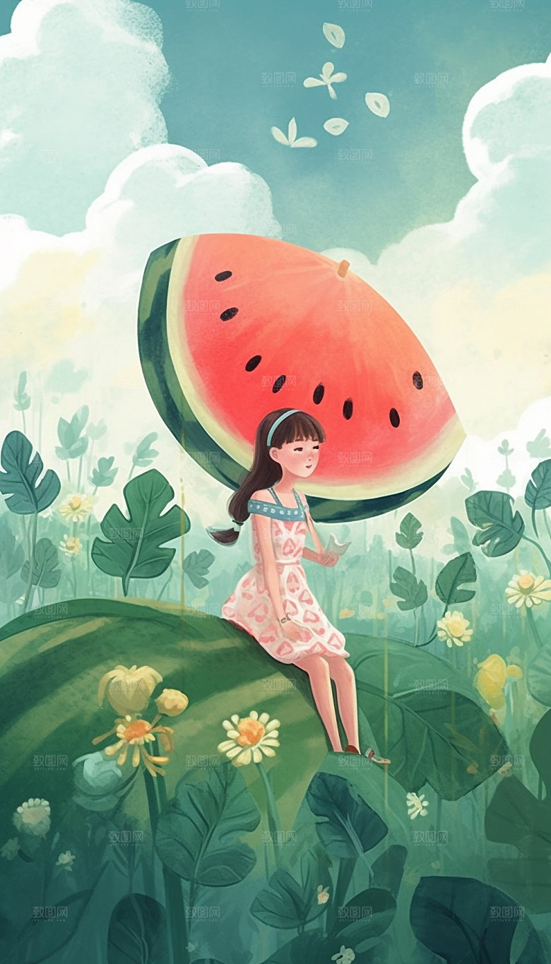 夏日西瓜幻想手绘插画