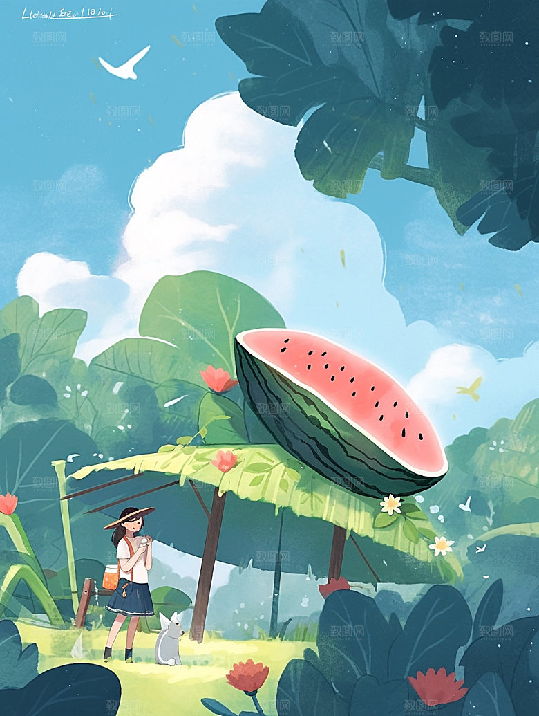 夏日西瓜幻想手绘插画