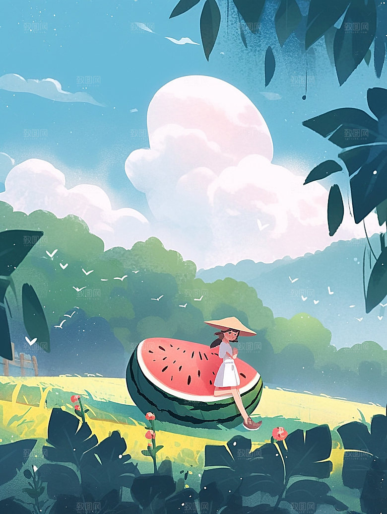 盛夏西瓜消暑手绘插画