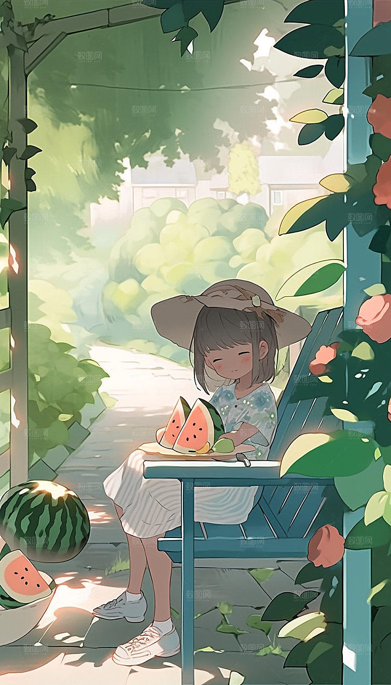 盛夏西瓜消暑手绘插画
