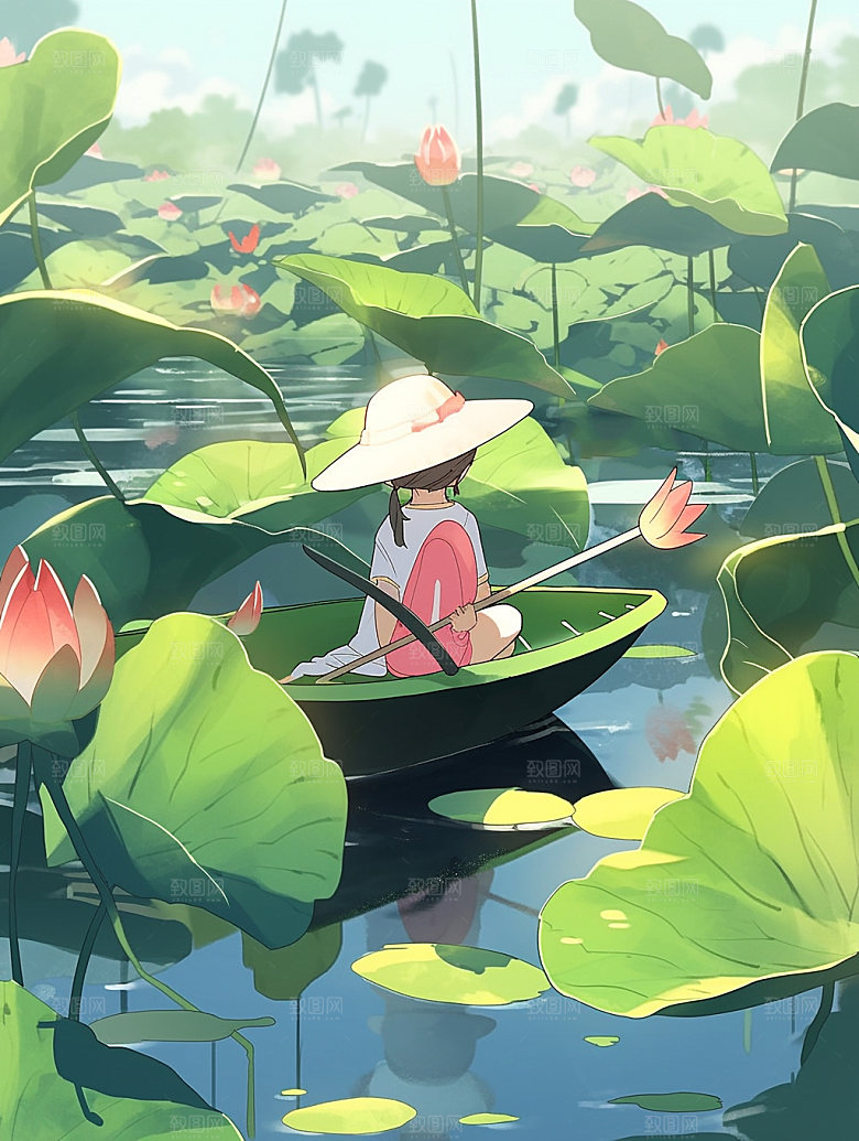夏日荷塘泛舟手绘插画
