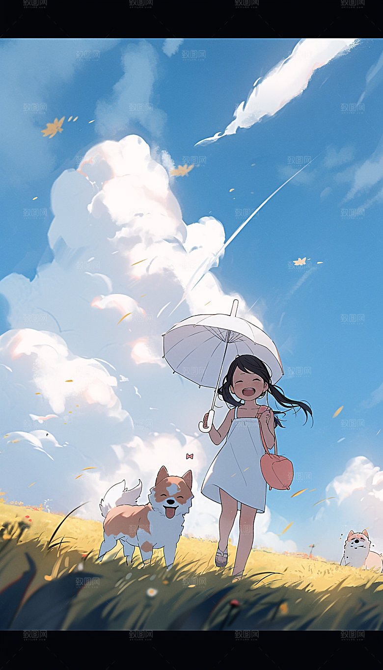 夏天起风了蓝天草地女孩手绘插画