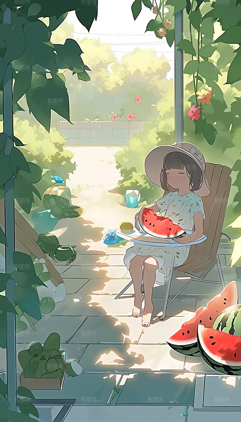 盛夏西瓜消暑手绘插画