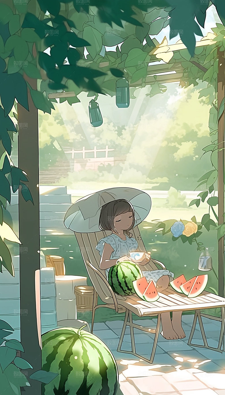 盛夏西瓜消暑手绘插画