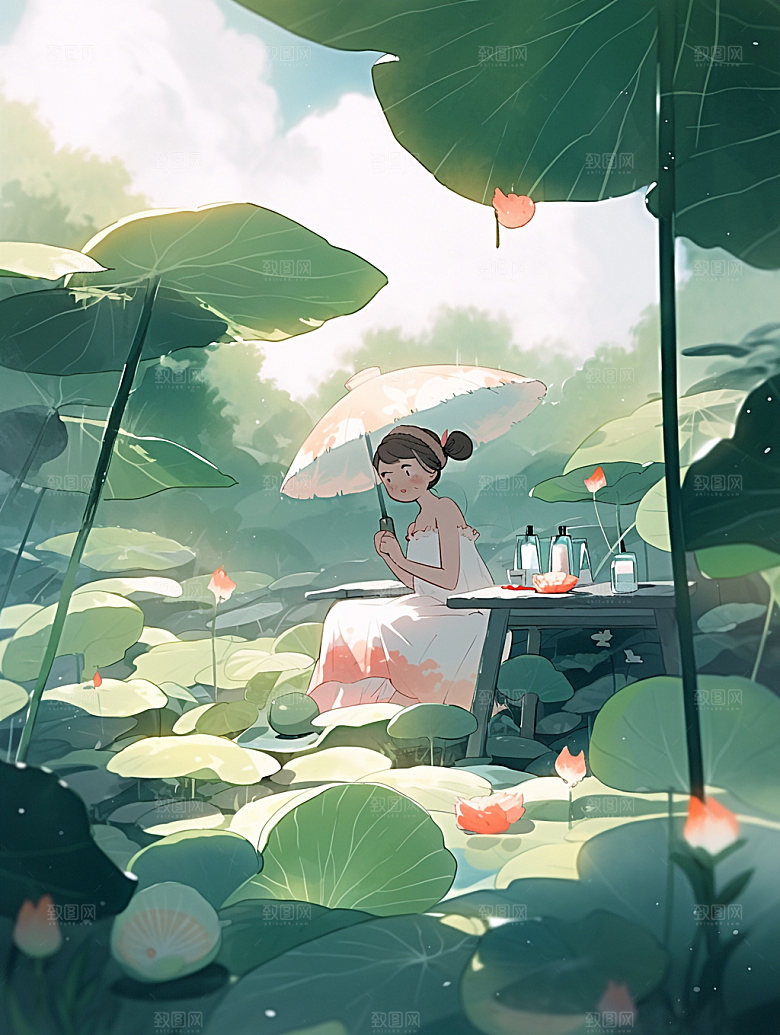 夏日清新荷塘少女手绘插画
