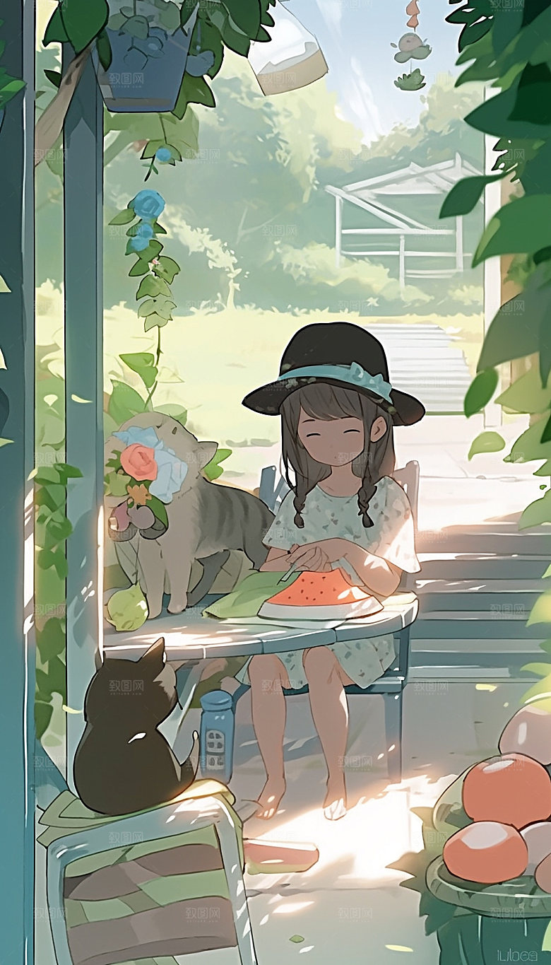 盛夏西瓜消暑手绘插画