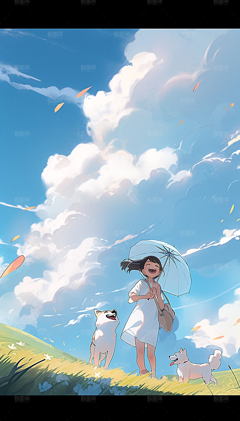 夏天起风了蓝天草地女孩手绘插画