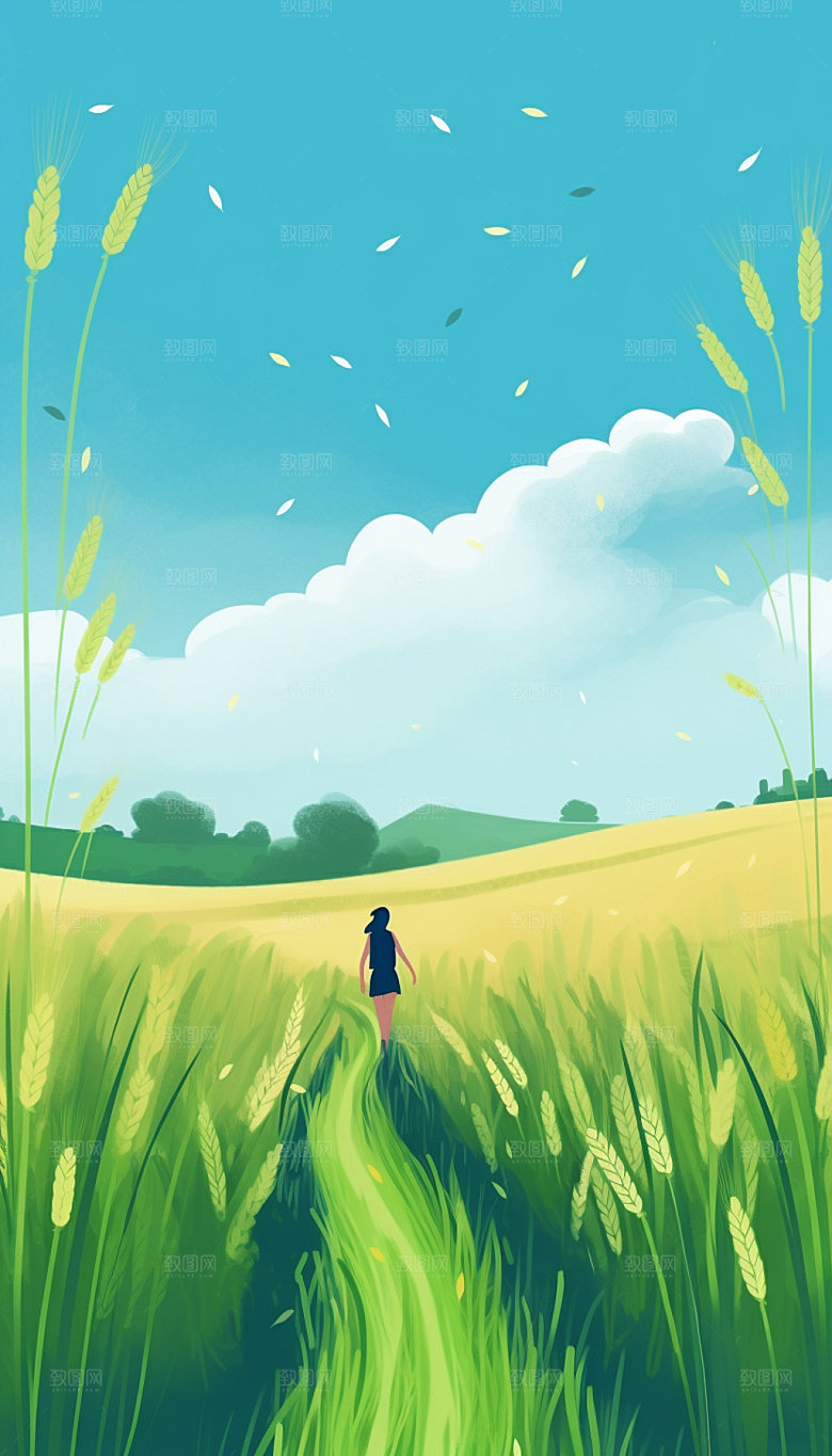 小满夏天麦田手绘插画