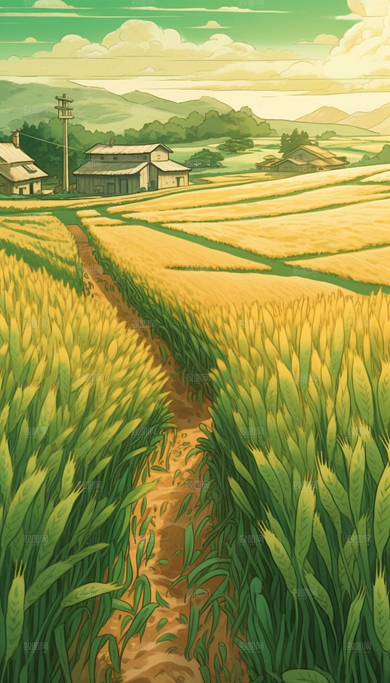 小满夏天麦田手绘插画