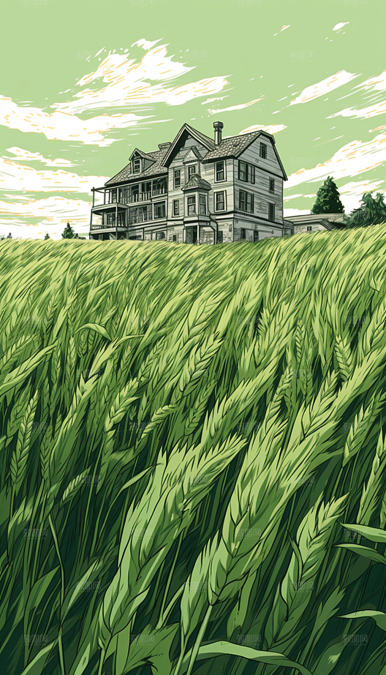 小满夏天麦田手绘插画