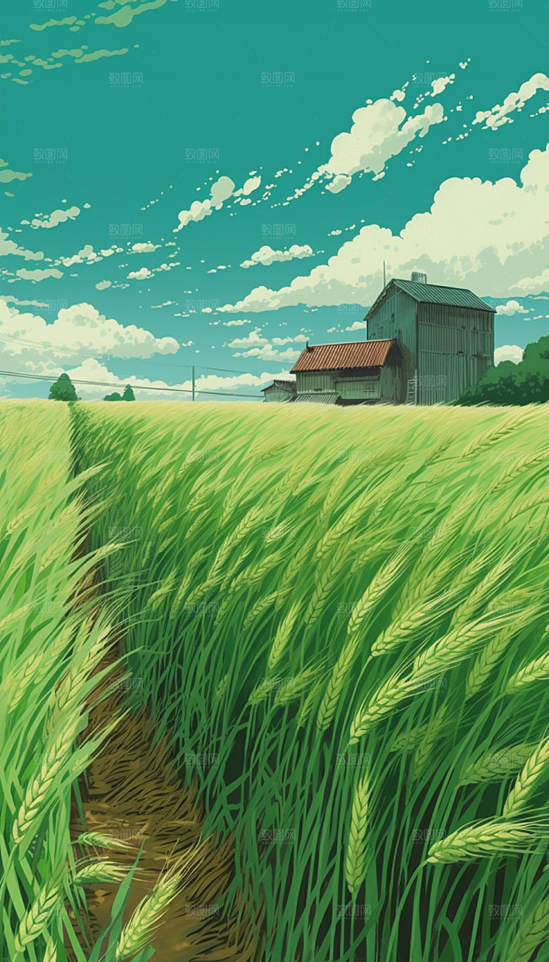 小满夏天麦田手绘插画