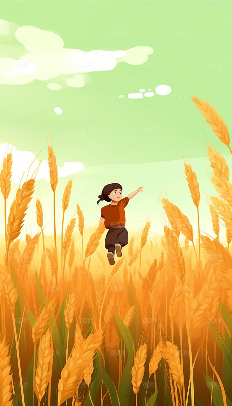 小满夏天麦田手绘插画