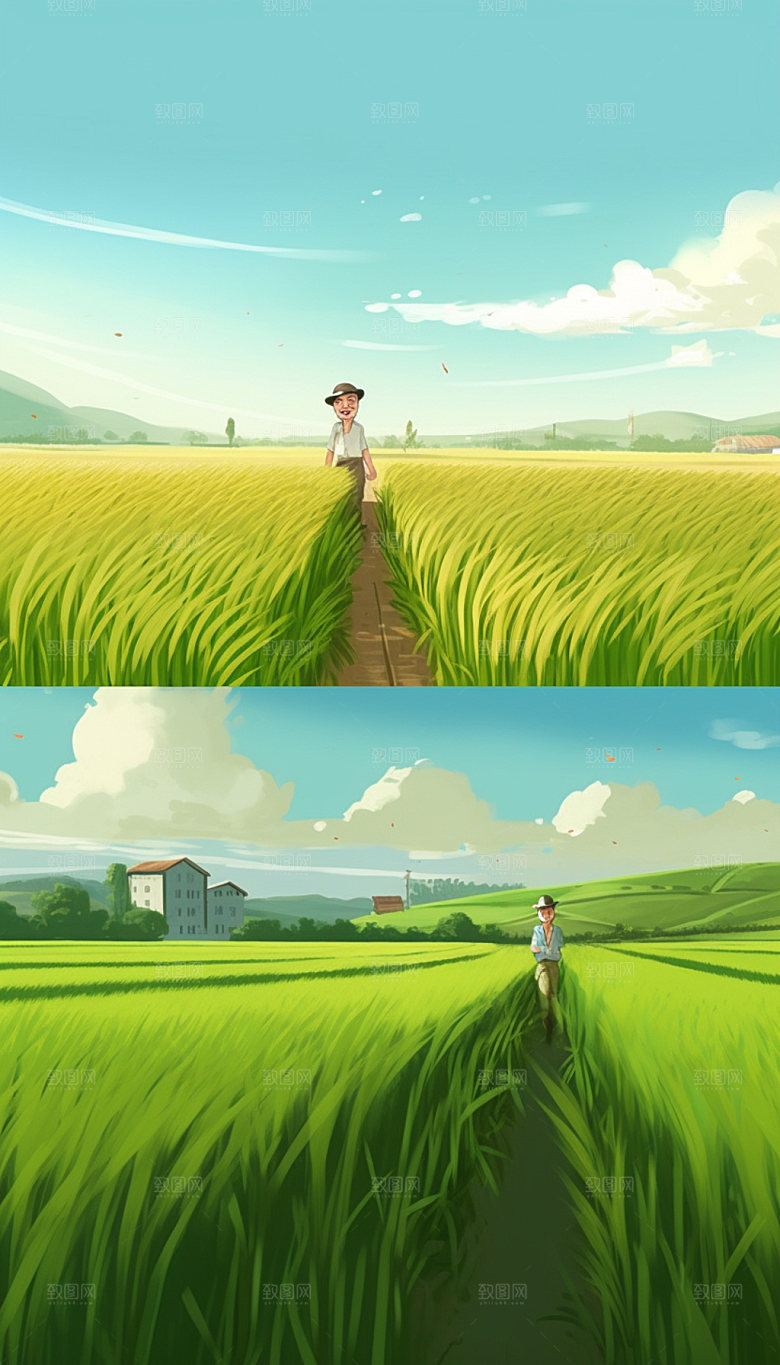 小满夏天麦田手绘插画