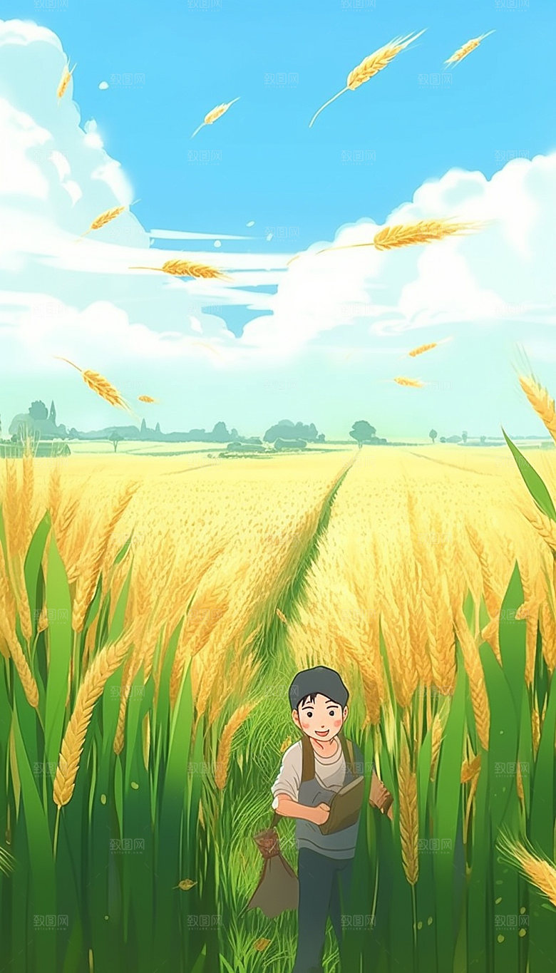 麦穗麦田丰收小满节气插画
