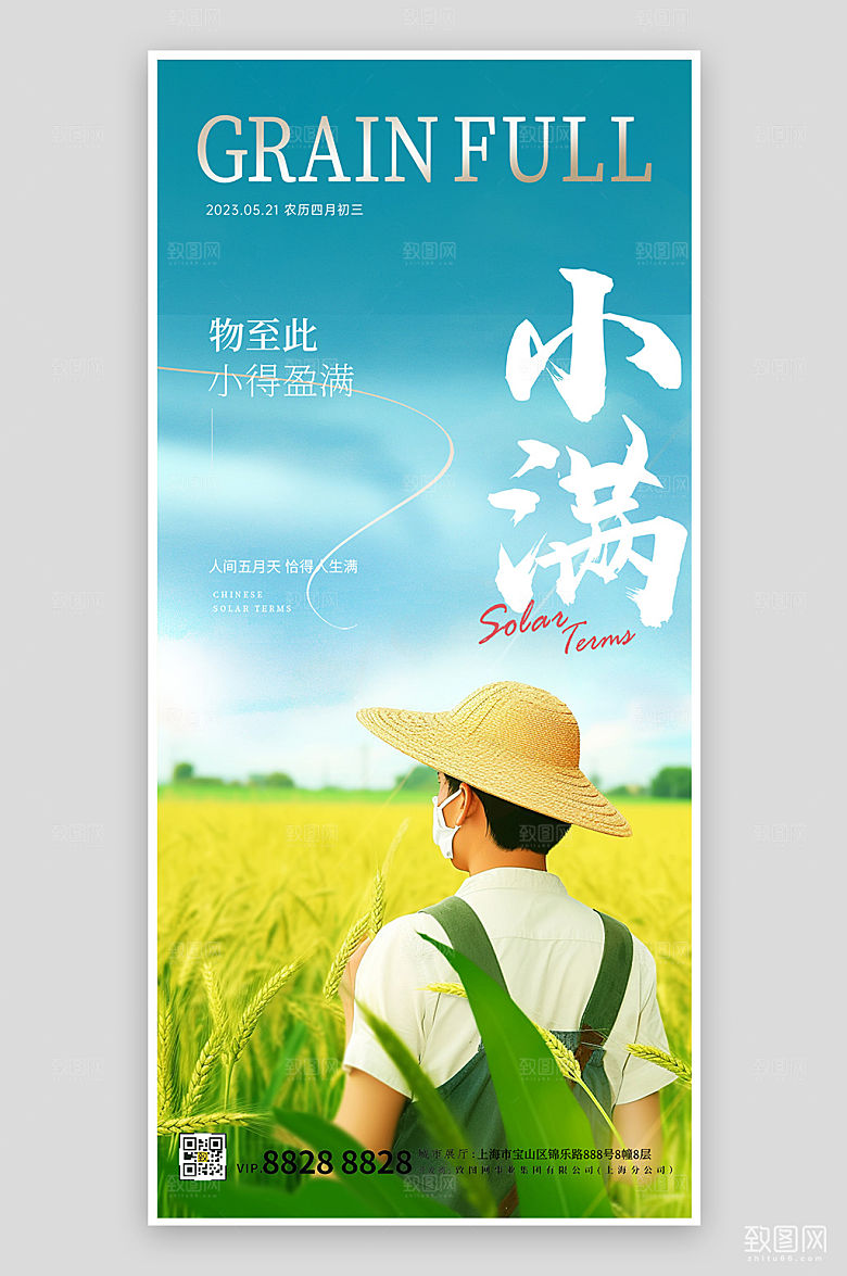 中国传统节气小满稻田手绘海报