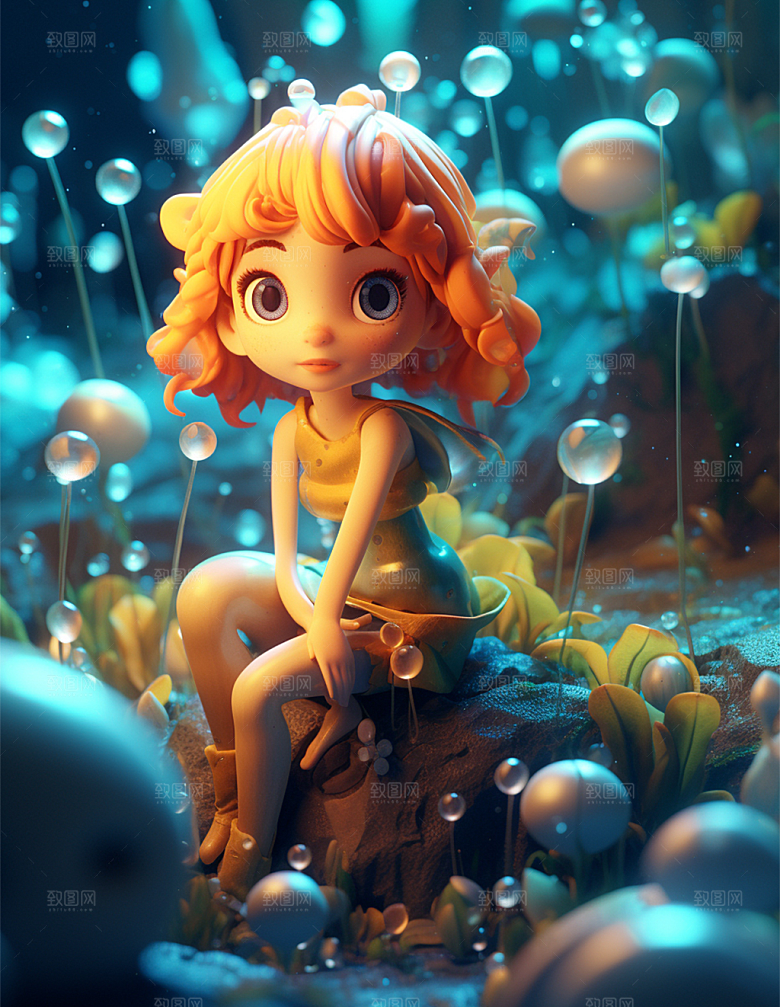 可爱长发女孩海底 AI 插画