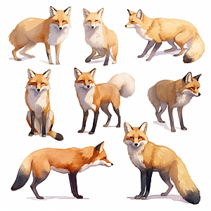 黄色狐狸 手绘 动物 各种姿势插画