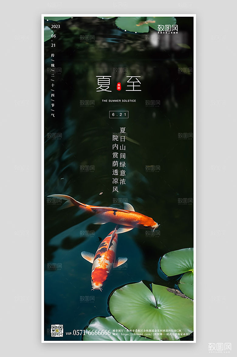中国传统节气夏至锦鲤荷塘手机海报