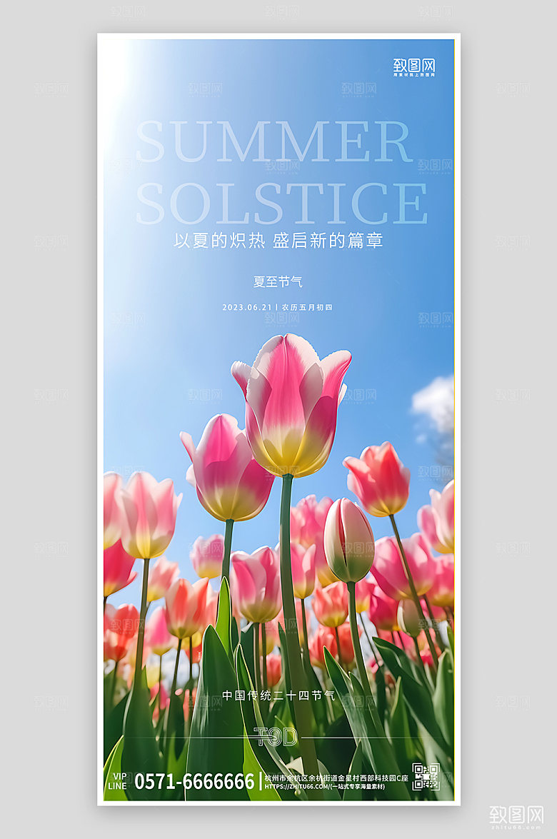 传统节气夏至鲜花手机海报