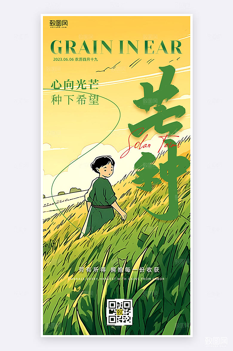 二十四节气芒种祝福宣传插画风手机海报
