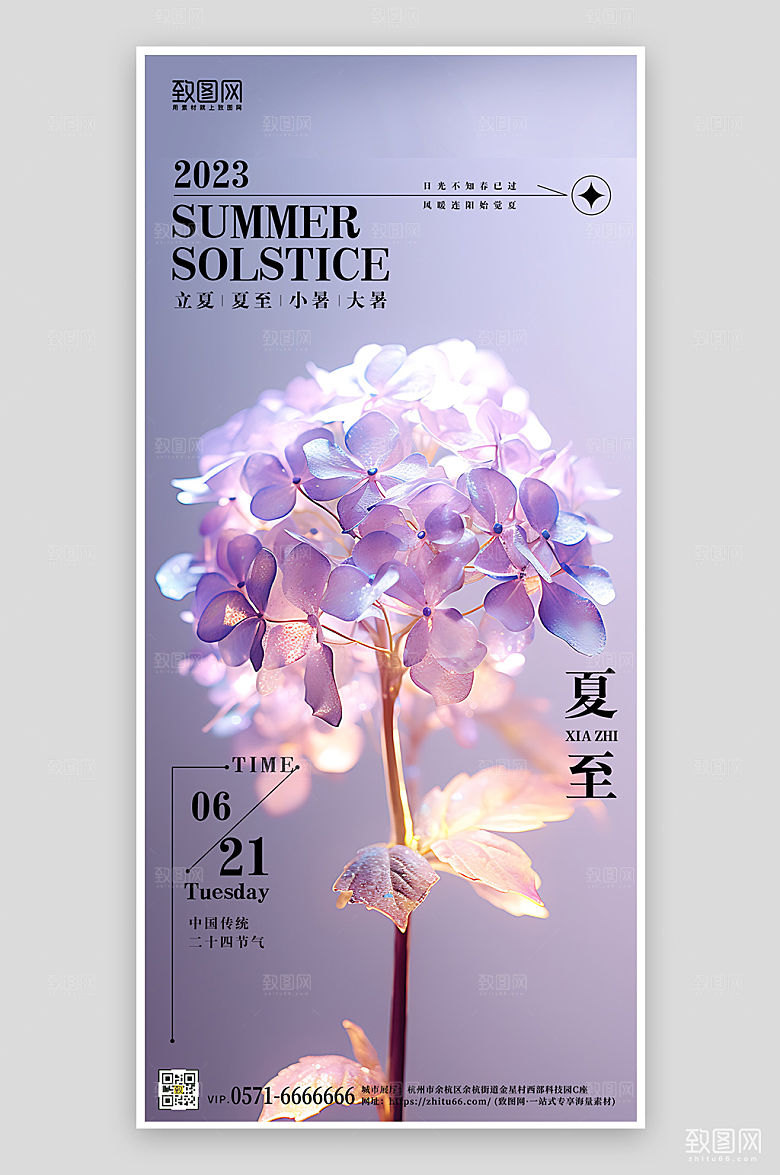 传统节气夏至绣球花手机海报
