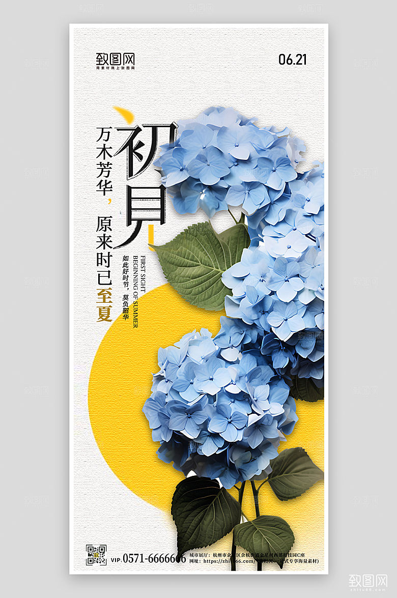 传统节气夏至绣球花简约手机海报