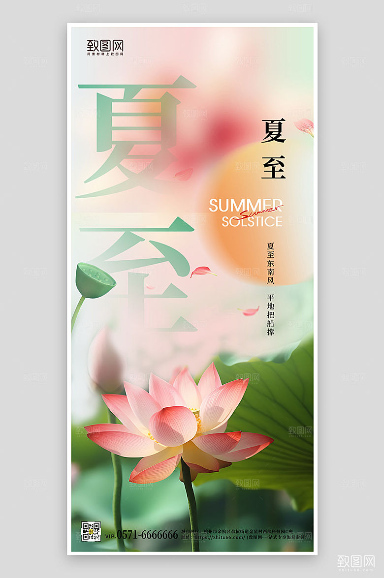 传统节气夏至荷花简约渐变手机海报