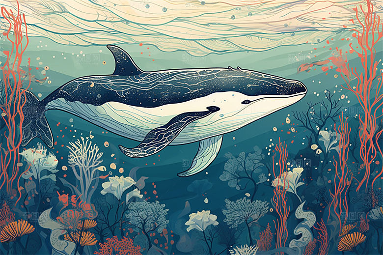 奇幻海底世界海洋生物缤纷多彩神秘插画