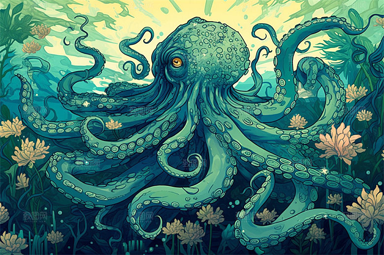 奇幻海底世界海洋生物缤纷多彩神秘插画