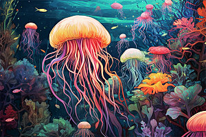 奇幻海底世界海洋生物缤纷多彩神秘插画