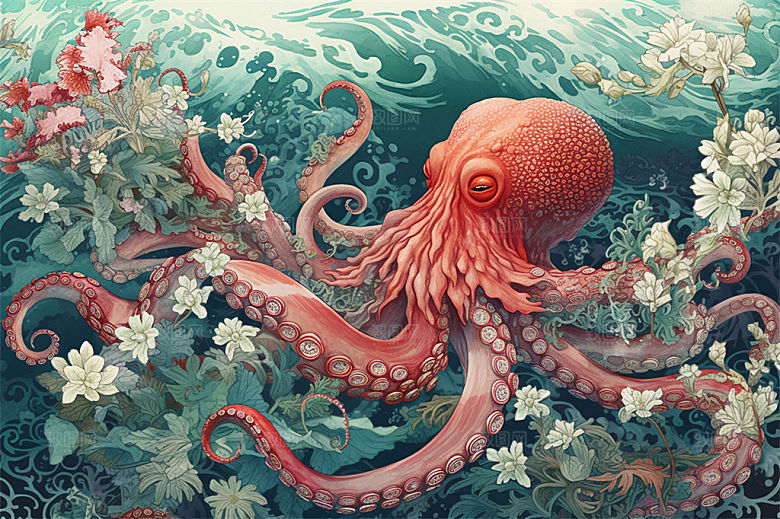 奇幻海底世界海洋生物缤纷多彩神秘插画