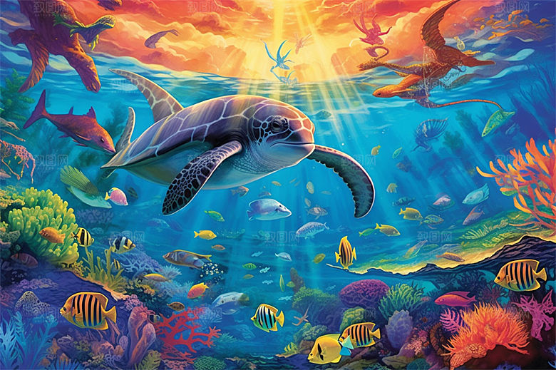 奇幻海底世界海洋生物缤纷多彩神秘插画