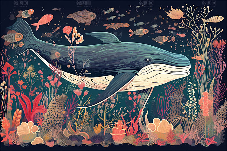 奇幻海底世界海洋生物缤纷多彩神秘插画