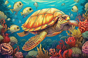 奇幻海底世界海洋生物缤纷多彩神秘插画