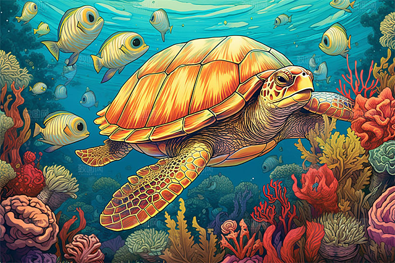 奇幻海底世界海洋生物缤纷多彩神秘插画