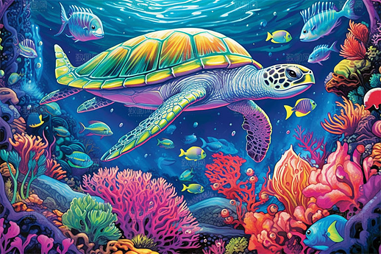 奇幻海底世界海洋生物缤纷多彩神秘插画