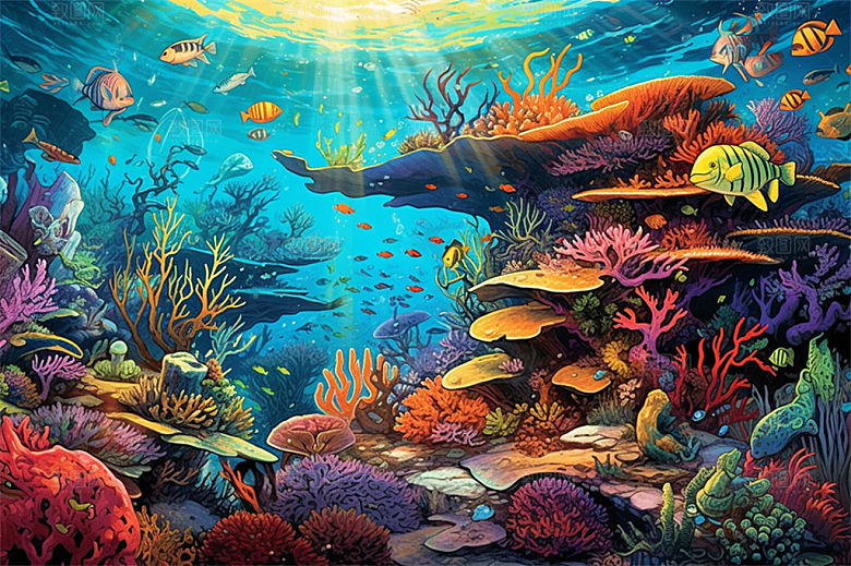 奇幻海底世界海洋生物缤纷多彩神秘插画