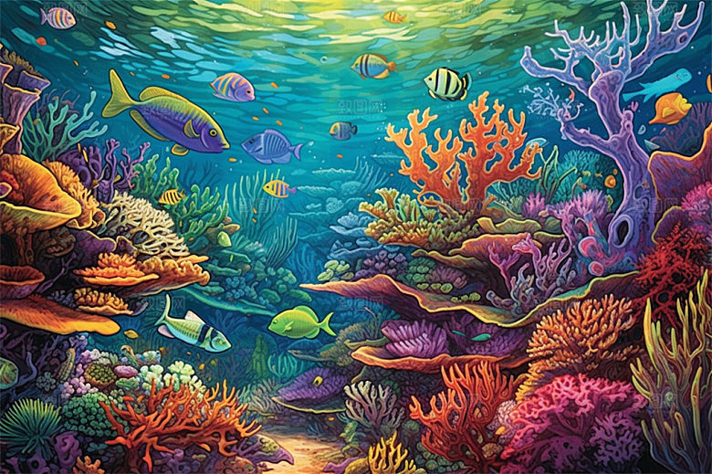 奇幻海底世界海洋生物缤纷多彩神秘插画